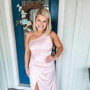 Lulu’s Blush Pink Satin One Shoulder Bridesmaid Dress
